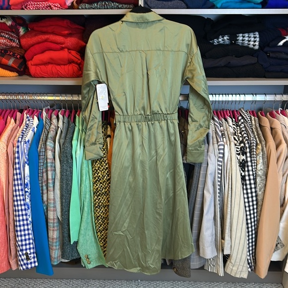French Connection olive long roll tab sleeve belted elastic waist dress XS NWT - Picture 3 of 3